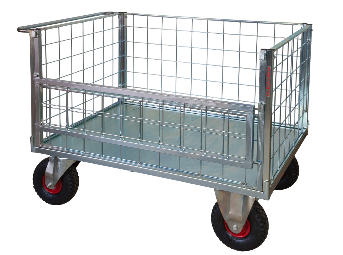 Pianale a 4 sponde di cui 1 ribaltabile in rete con ruote pneumatiche