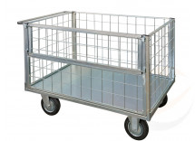 Pianale a 4 sponde in rete verniciato di cui 1 ribaltabile, 4 ruote girevoli 